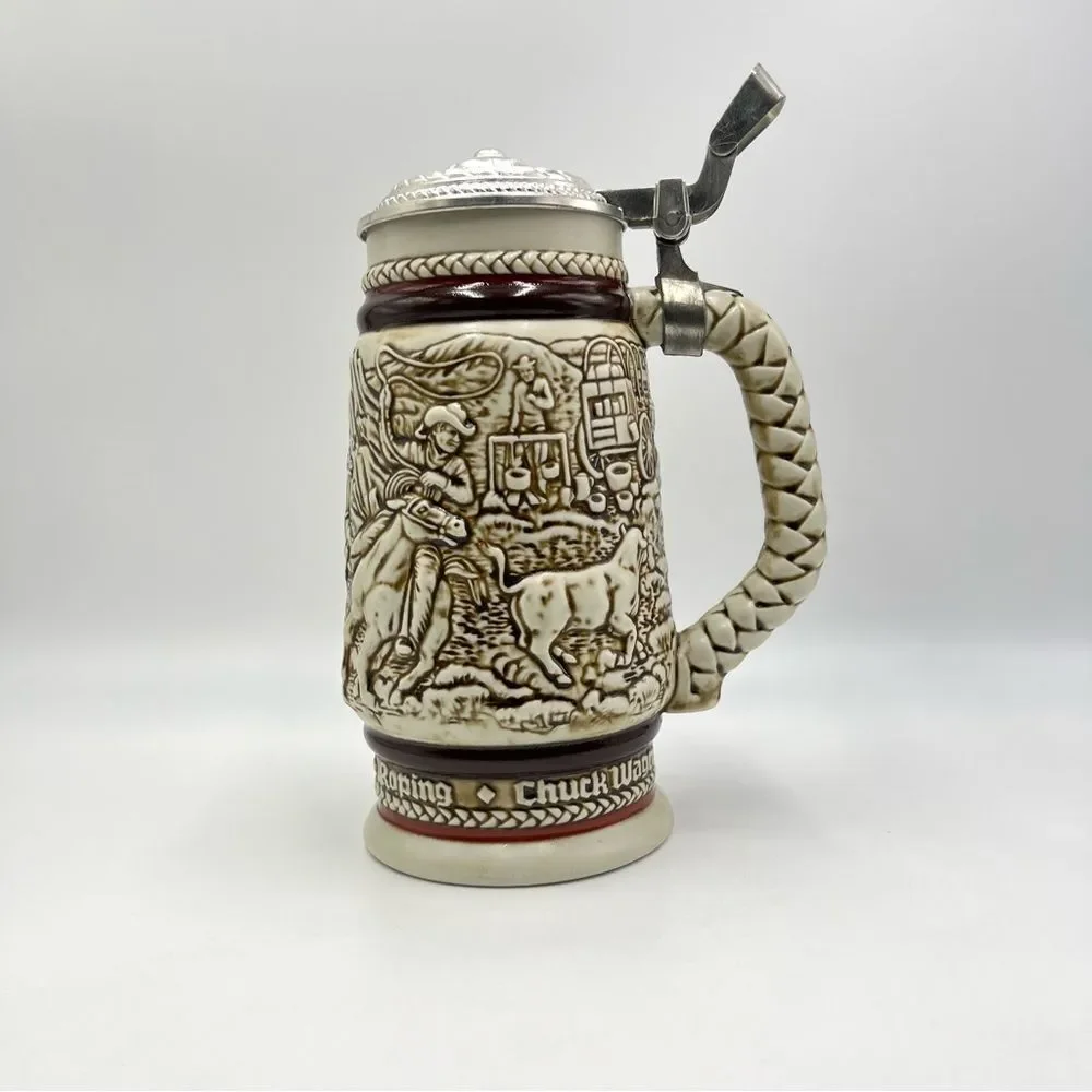 1980 Vintage‎ Avon Beer Stein Cowboy Roping Chuckwagon Cattle Drive Stage Coach